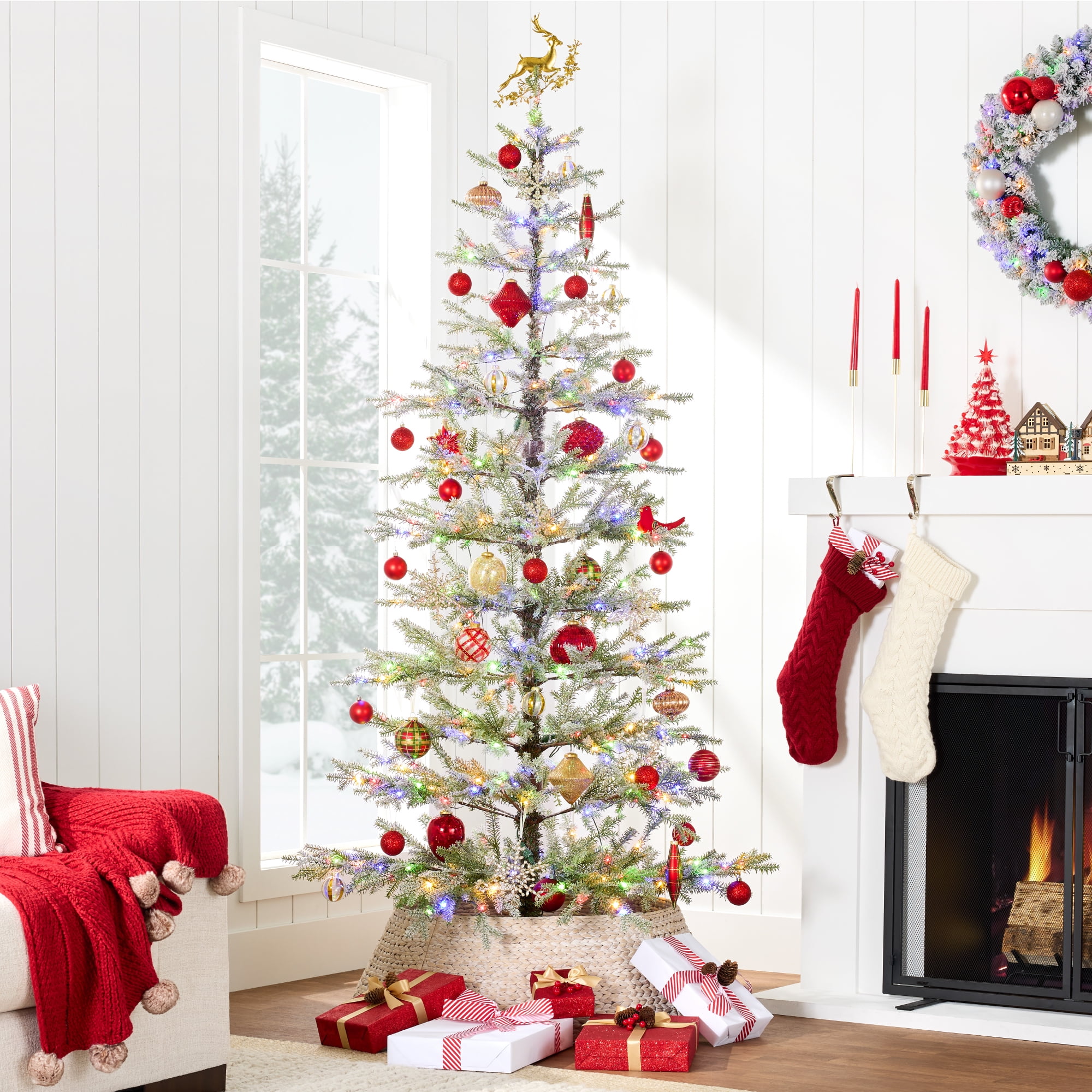 Best Choice Products Pre-Lit Flocked Sparse Christmas Tree 7.5ft Artificial Pine Tree, w/White & Multicolored LED Lights - Green