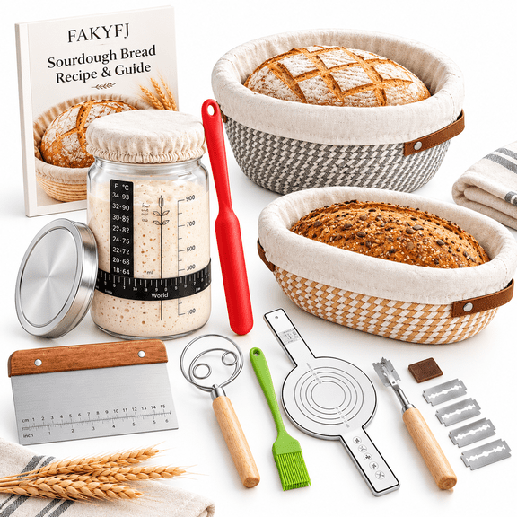 FAKYFJ Bread Proofing Basket Set, 9" Round & 10" Oval Banneton Baskets, Sourdough Bread Baking Supplies with Bread Lame, Dough Whisk, Complete Sourdough Starter Kit, Beige