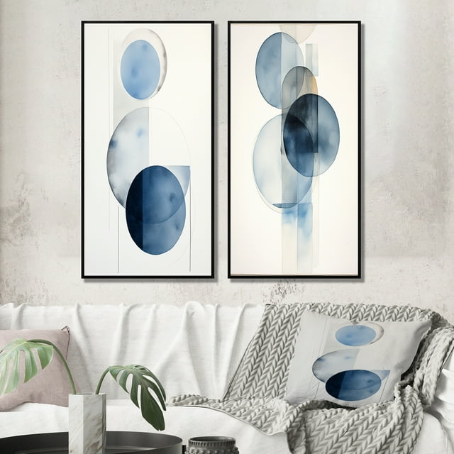 Designart "Retro Blue Simplicity Circular Elegance I" Modern Geometric Framed Wall Art Set Of 2 - Modern Blue Framed Canvas Set For Living Room Decor