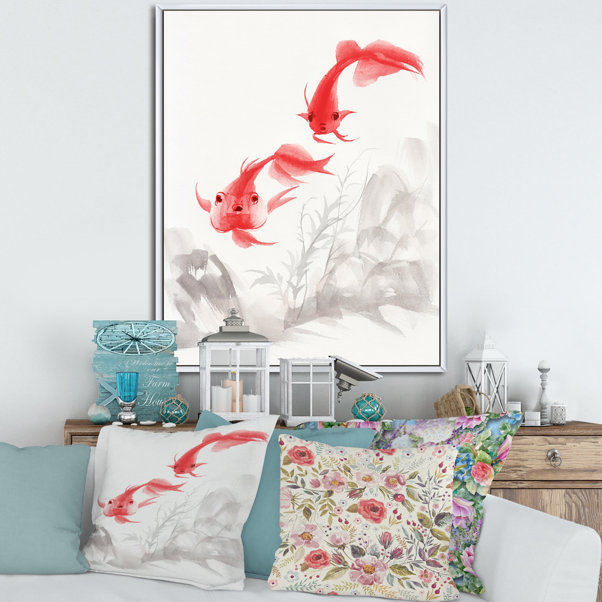 Designart 'Ancient Gold Fishes' Nautical & Coastal Framed Canvas Wall Art Print