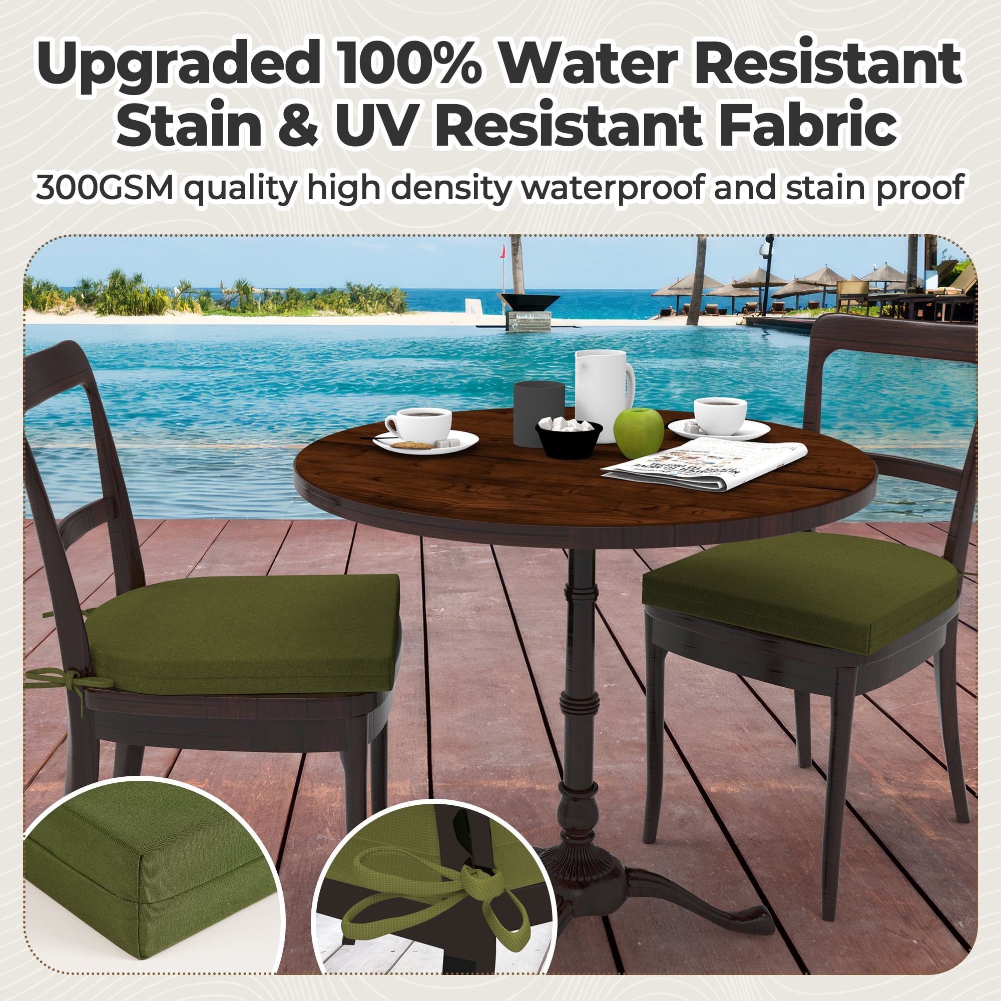 Unikome 4-Pack Outdoor Patio Seat Cushions, Waterproof High-Density Foam, Rounded Square, 17 x 16 inch, Green