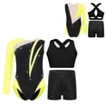 thumbnail image 4 of inlzdz Dance Unitards for Girls Shiny Rhinestones Color Block Asymmetrical Skating Leotard with Fluorescent Yellow 8, 4 of 5