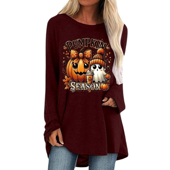 Womens Long Sleeve Tops Shirts Halloween Graphic Print Casual Loose Fit Crew Neck Basic Fall Clothes for Women Tees Blouses S