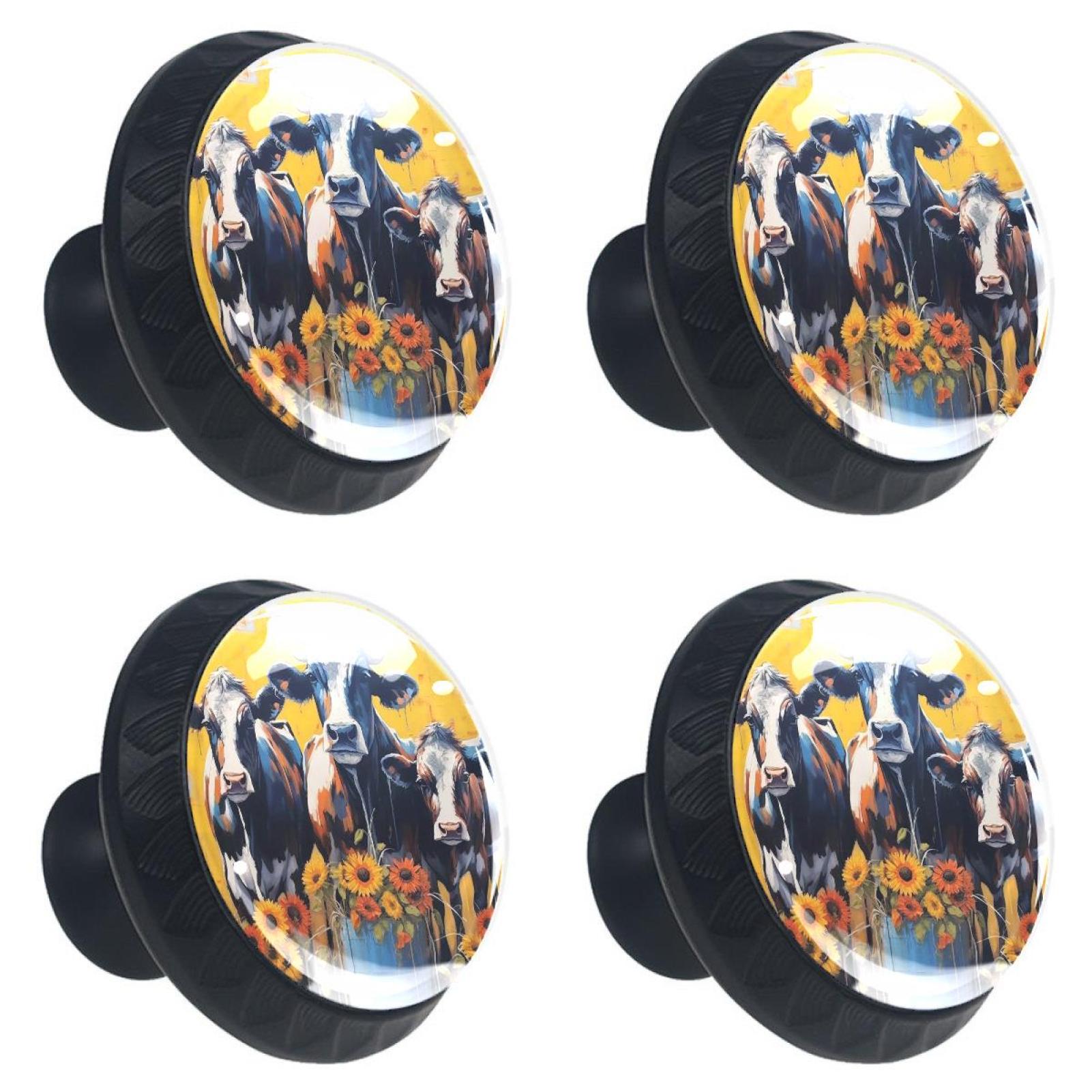 4 Pcs Cow and Sunflower Knobs for Kitchen Cabinet Cupboard Dresser Bookcase Drawer Pulls Handles Round Home Decor