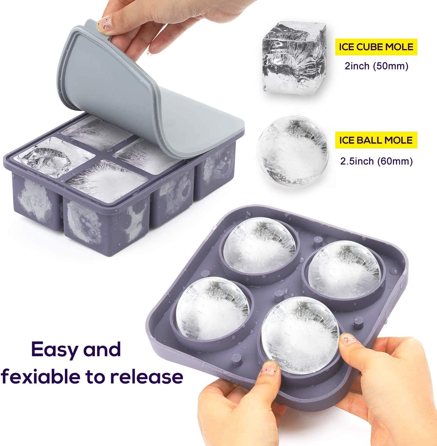 Large Square Ice Cube Tray with lid, Big Block 2 Inch, Giant Cocktail Silicone Ice Maker, Scotch Whiskey Easy Release Reusable Ice Cubes for Soup Freezer Wine Juice