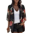 thumbnail image 2 of Hontri Women's Cardigans Lightweight Deals under $15, Women Floral Print Chiffon Cardigan Short Sleeve Loose Beach Wear Cover Up Blouse Top Black M, 2 of 8