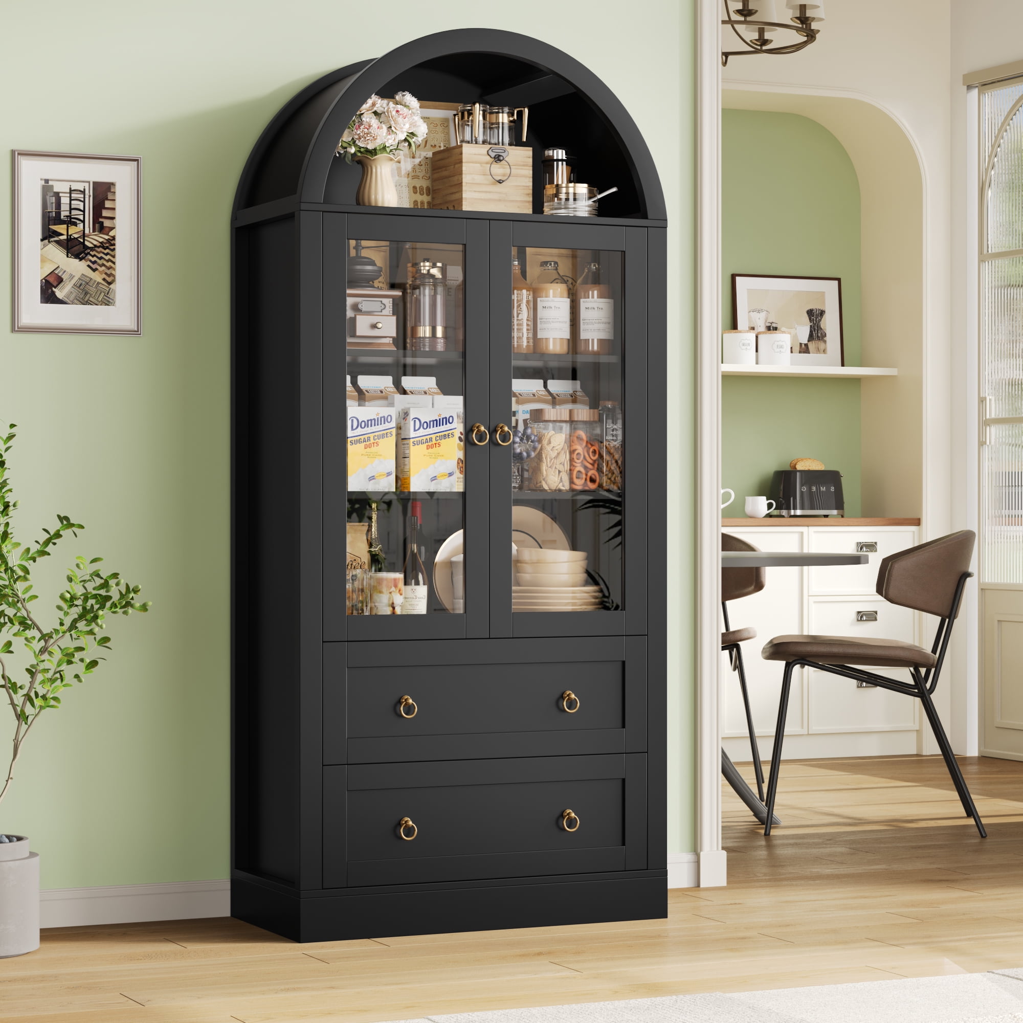 Hiphuta 70" Tall Arched Kitchen Pantry Storage Cabinet with Glass Doors, Freestanding Modern Farmhouse Hutch Cupboard with 2 Large Drawers, for Kitchen Dining Room, Black