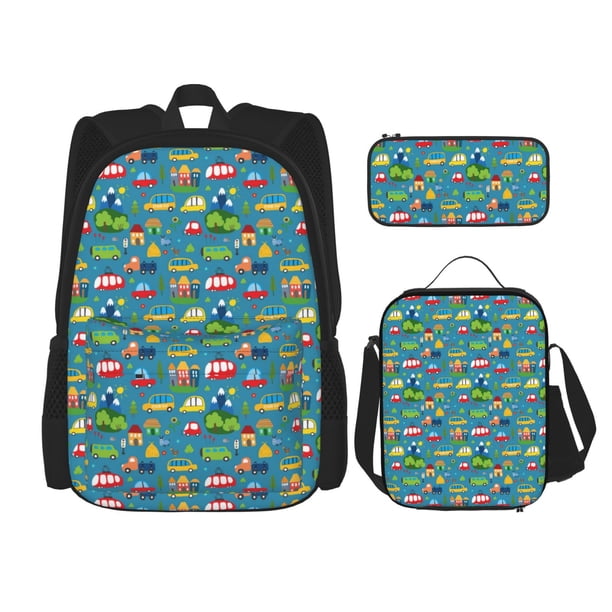 Disketp Cars Transportation Mochila Estampada de Gran Capacidad con Lonchera y Estuche, Set de 3 Piezas para Estudiantes