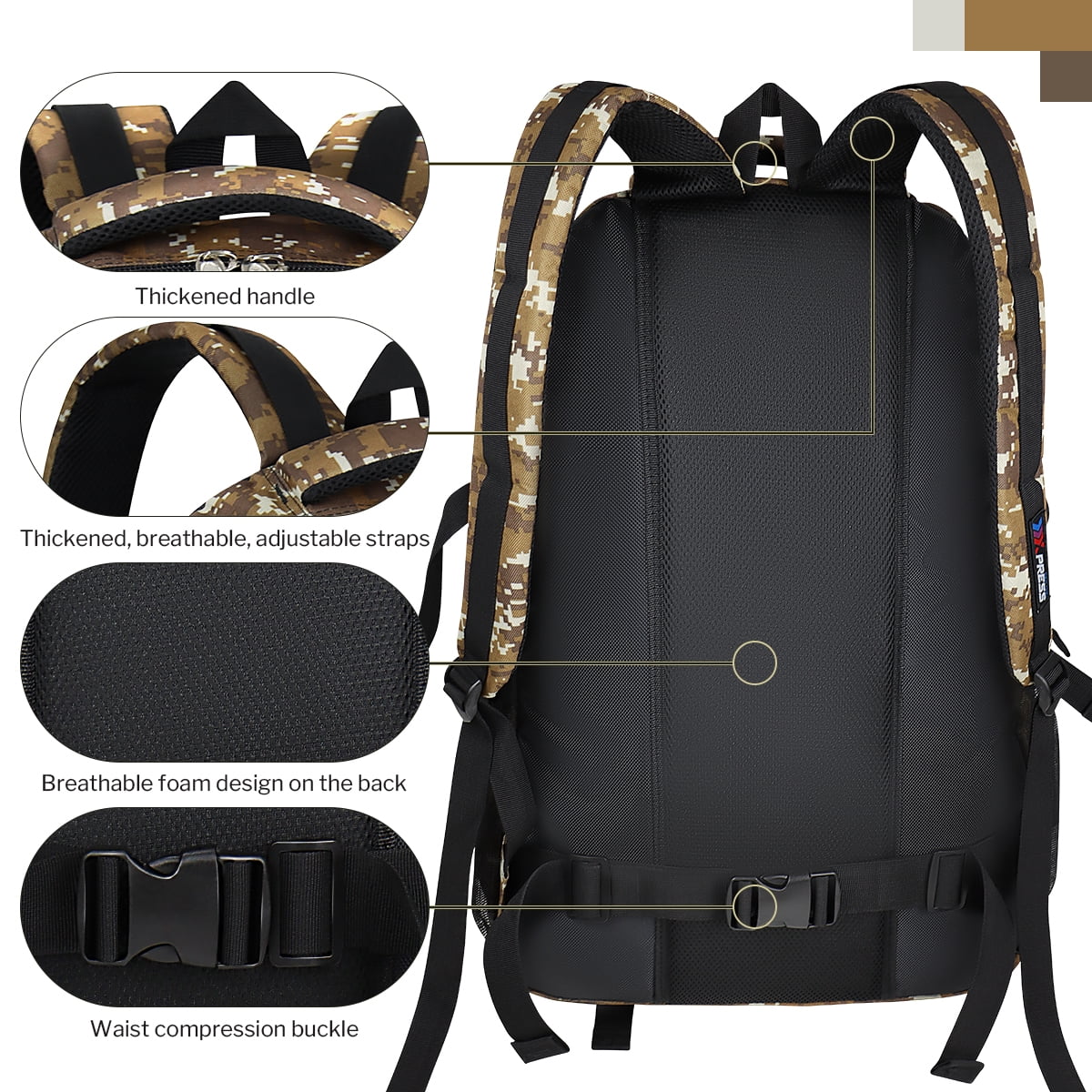 New York Xpress Camo Backpack for Adults 40L Multi-Pocket Backpack for Travel Work Hiking, Deep Khaki - BP8023