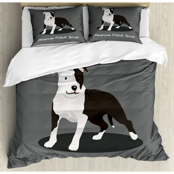 Pitbull Duvet Cover Set King Size, American Pitbull Terrier Pet Cartoon Illustration Graphic Design on Grey Background, Decorative 3 Piece Bedding Set with 2 Pillow Shams, Multicolor, by Ambesonne