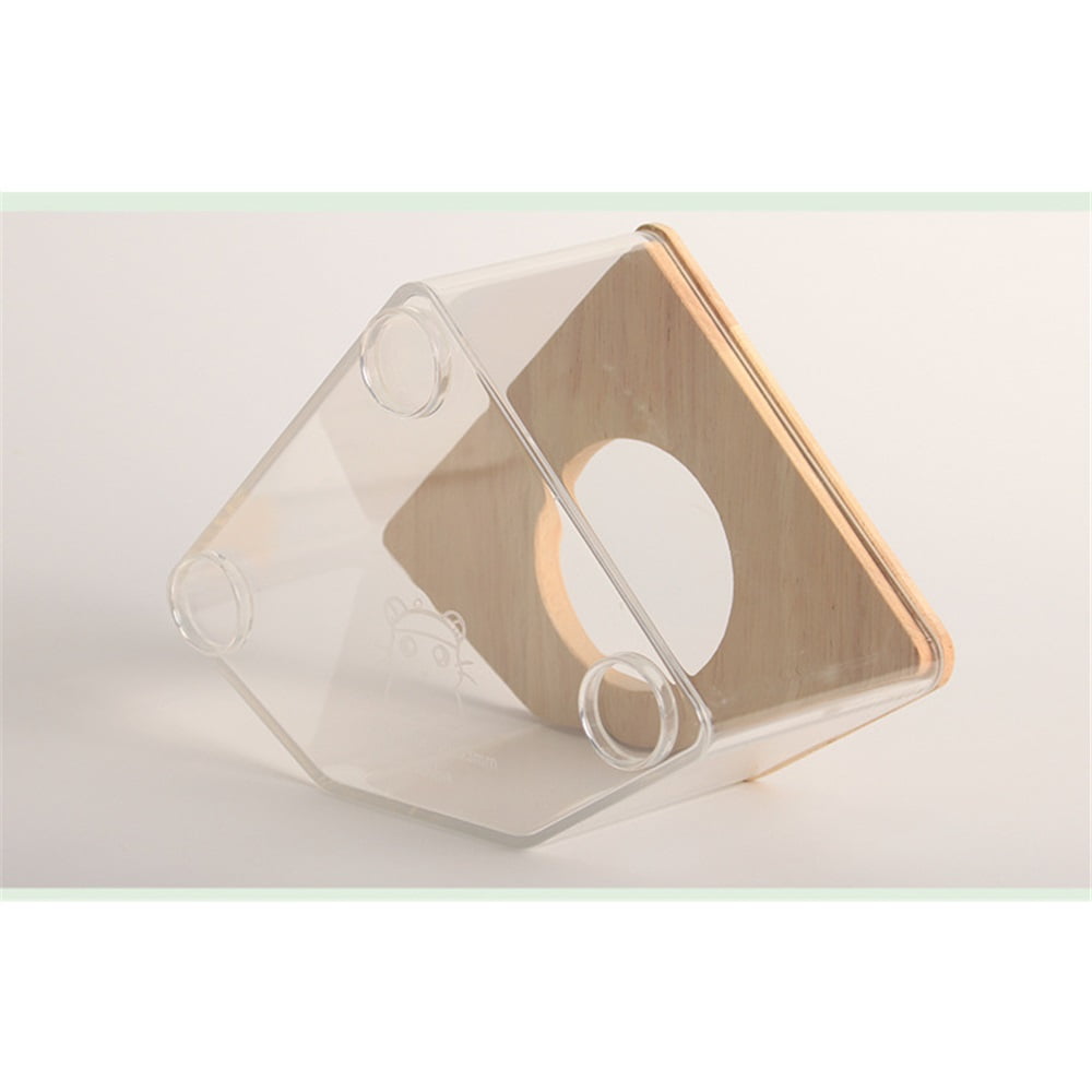Large transparent small animal sand bath container and hamster accessories with natural wooden lid, suitable for hamsters, mice, and lemurs.