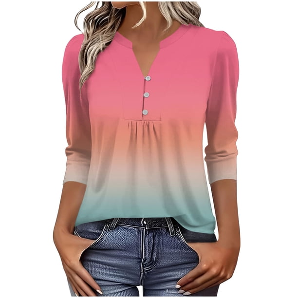 Tops de Verano de Mujer Casual 3/4 Manga Cuello en V Color Sólido Primavera Y Verano Top para Uso Diario Y Fiesta
