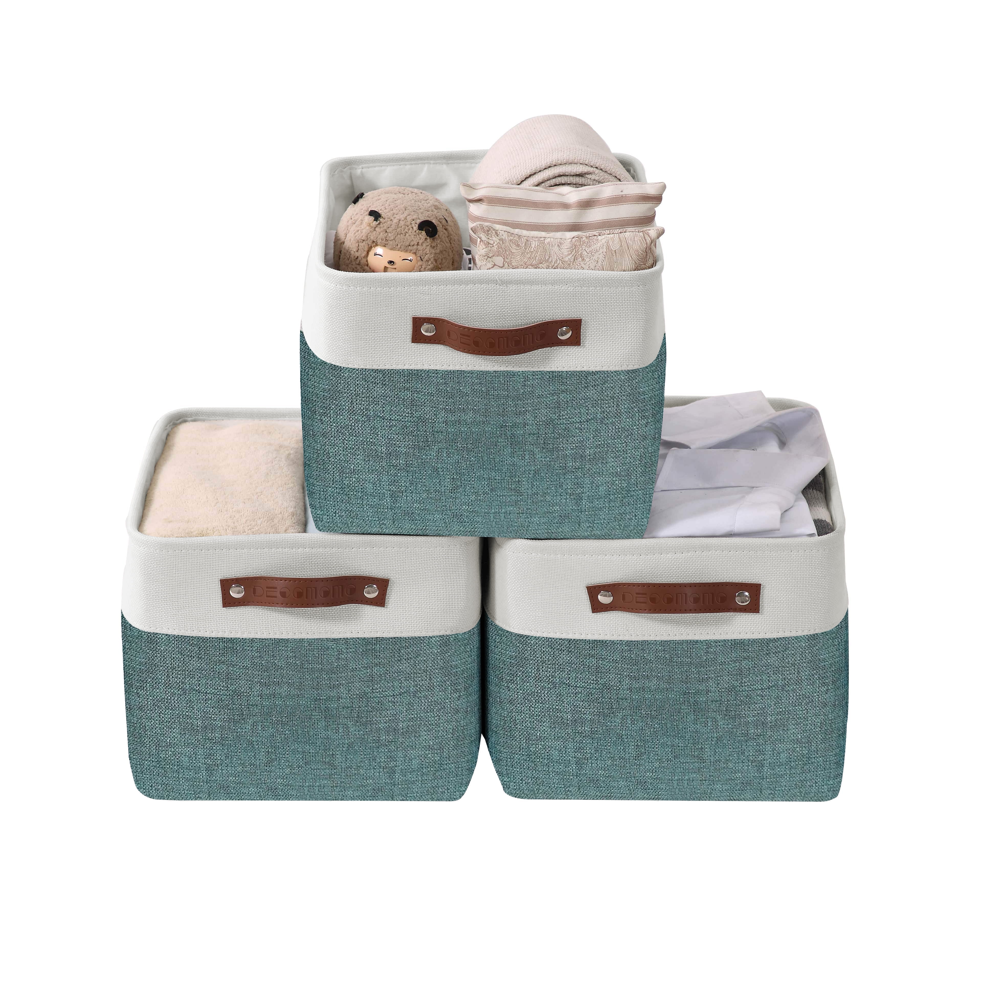 DECOMOMO Large Storage Baskets, Fabric Storage Bins, Baskets and Bins (Green and White, Set of 3)