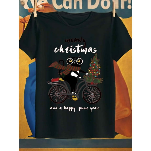 Meowy Christmas Cat Christmas t-shirts funny t shirts men's 180G 100% Cotton black Refreshing and lightweight, perfect for summer sports and leisure wear Perfect for exercise Christmas Christmas cre