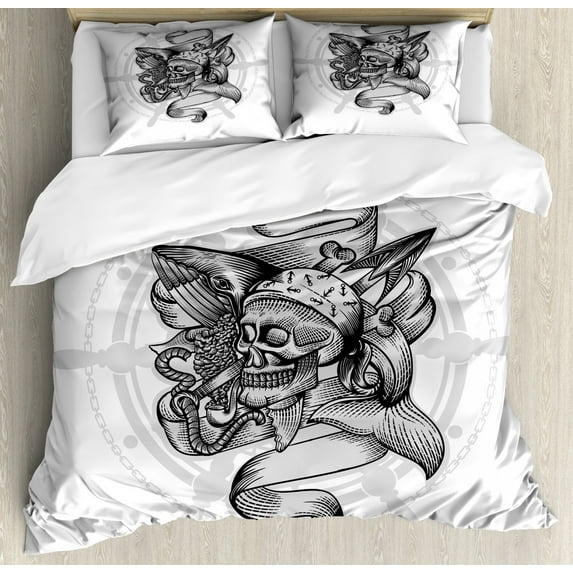 Skull Smoking Duvet Cover Set Queen Size, Engraved Style Skeleton Head and Humpback Whale Image on Steering Wheel, Decorative 3 Piece Bedding Set with 2 Pillow Shams, White Pale Taupe, by Ambesonne