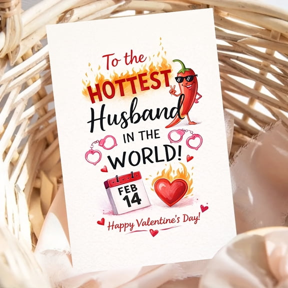 To the Hottest Husband in the World Valentine's Day Card – Funny Chili Pepper Design with Hearts and Handcuffs – Ideal Romantic Gift for Husband on February 14