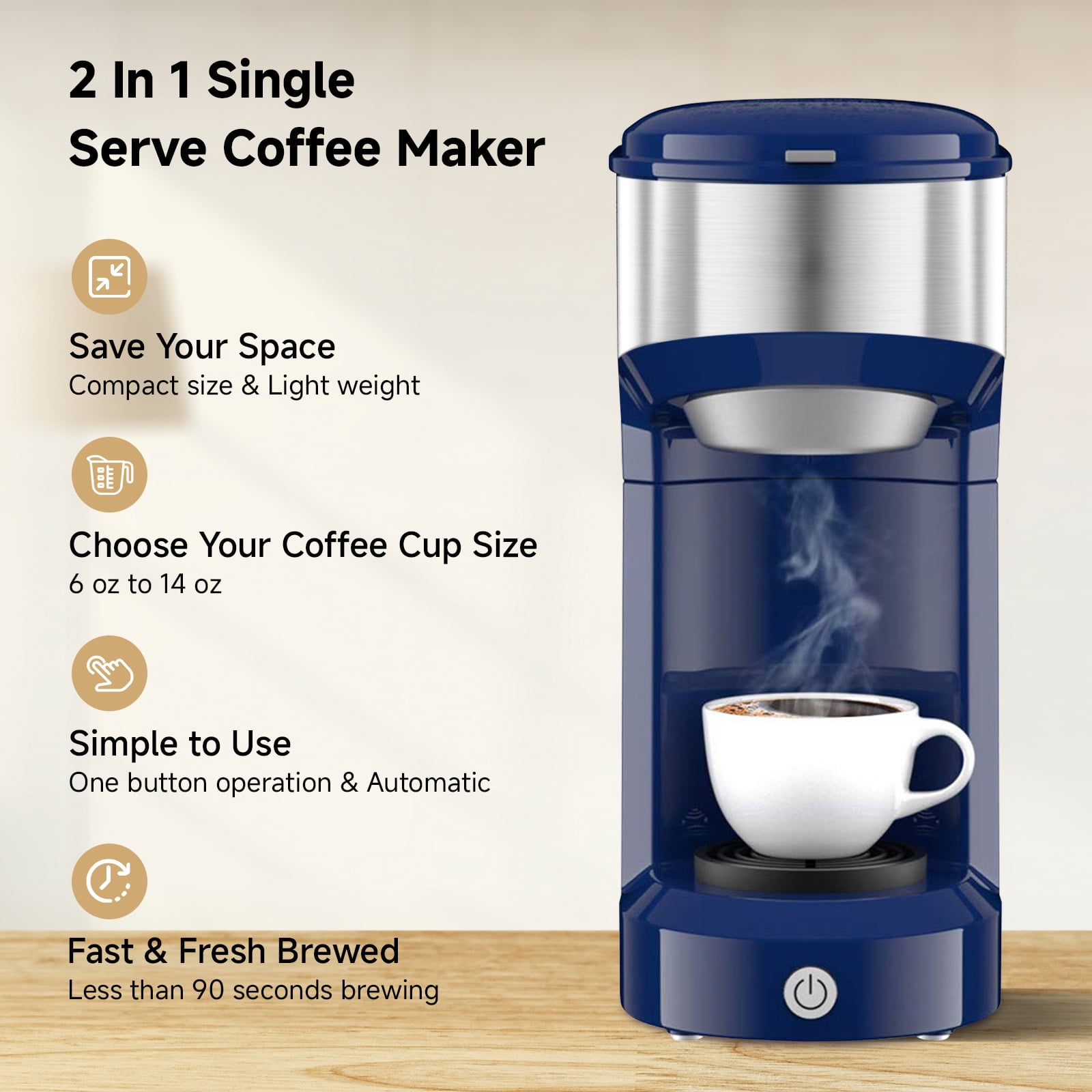 MINI Single Serve Coffee Maker,Instant Coffee Maker One Cup for K Cup & Ground Coffee,Portable Capsule Coffee Machine with 6 to 14oz Reservoir,90 Seconds Fast Brewing and One Button Operation