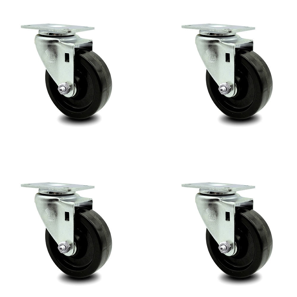 Set of Four Swivel Caster 6" x 2" Black Rubber Wheel 4" x 4-1/2" Plate 