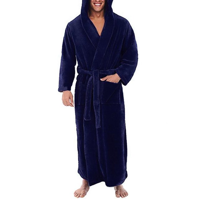 Men's Winter Warm Hooded Fleece Long Dressing Gown Bathrobe Towelling Bath Robe