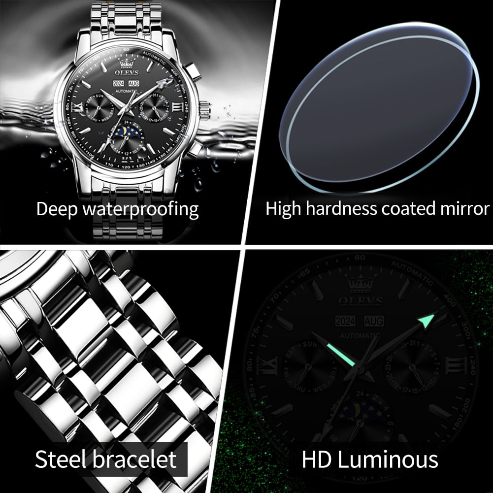 OLEVS Automatic Watches for Mens Self Winding Mechanical Multifunction Chronograph Luxury Business Dress Moon Phase Stainless Steel Waterproof Luminous Calendar Mens Wrist Watches Reloj Para Hombre