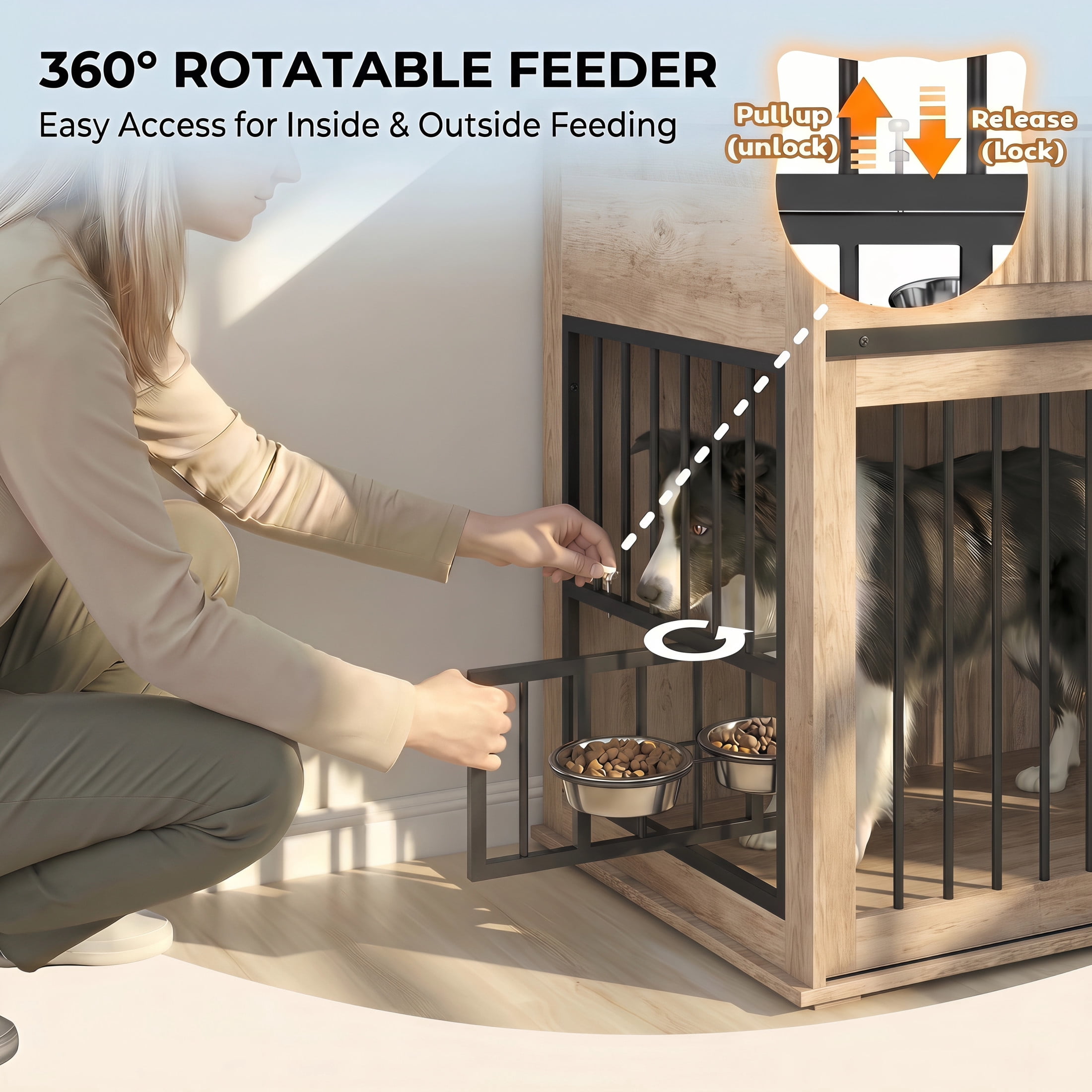 Noble House 71" Double Dog Crate Furniture with Fluted Drawers, Large Kennel with Charging Station, Plaid Grey Oak