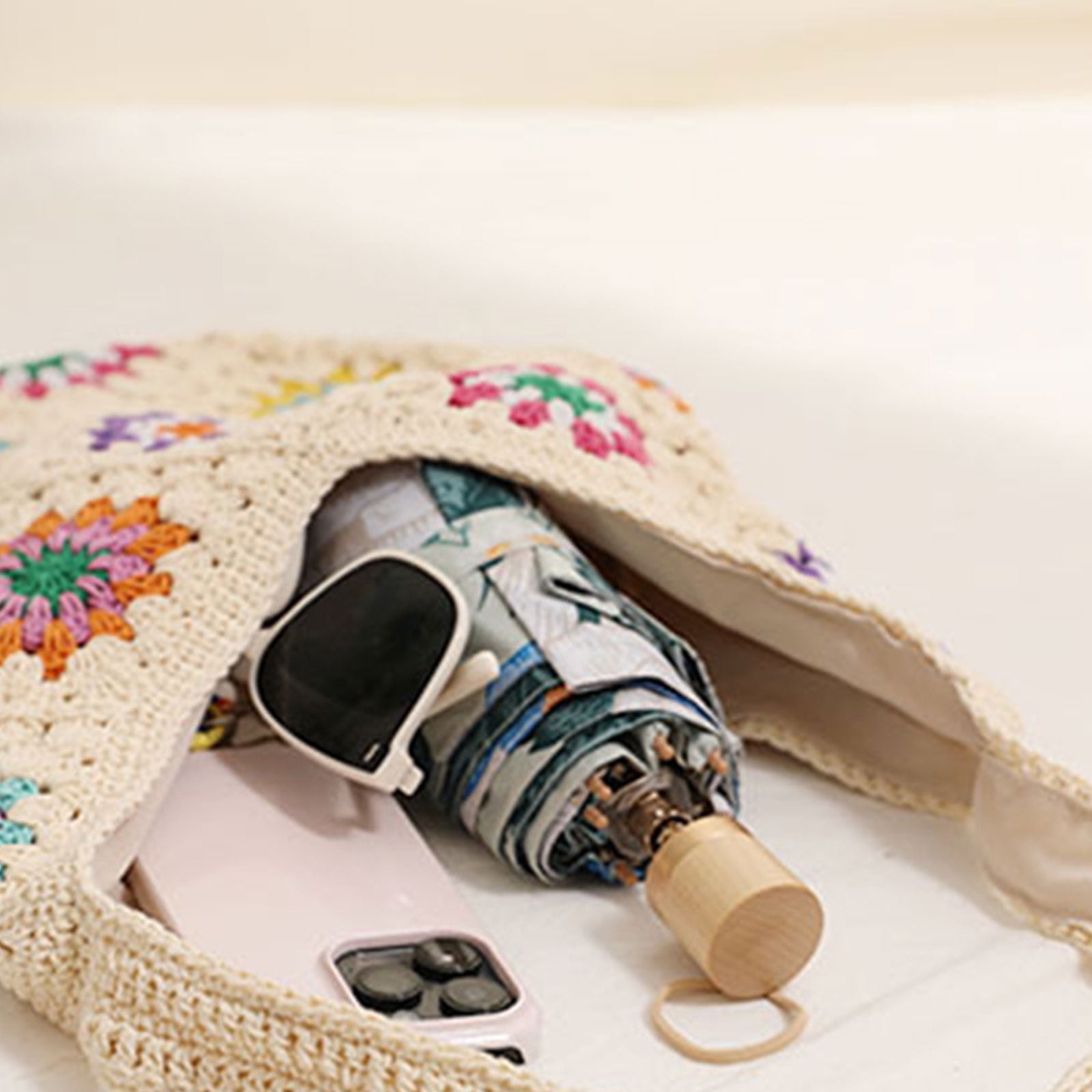 BIBABLYKE Women Knitted Handbags,Boho Hollow Woven Shoulder Bags,Crochet Mesh Tote Bag, Beach Bag ,Flowers Crossbody Bag for Holiday, Daily Work, Shopping, Travel