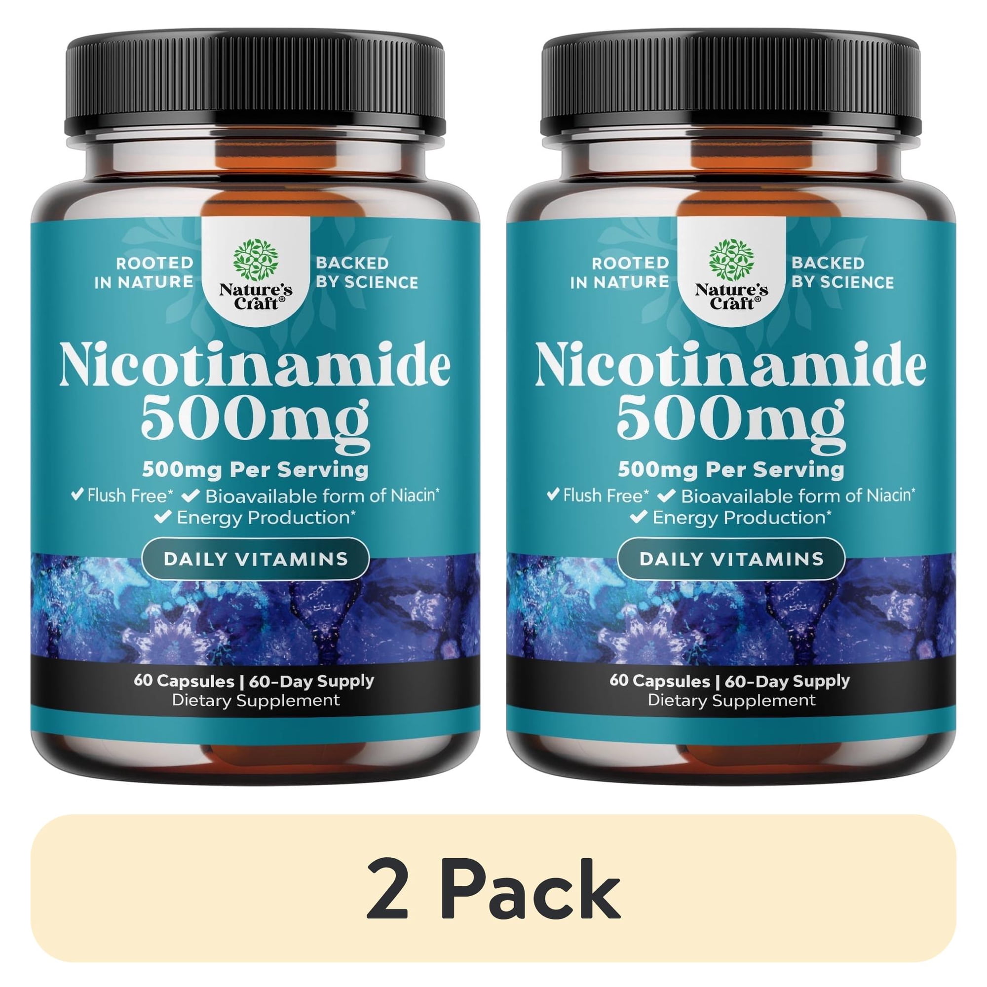 (2 pack) Natures Craft 500mg Nicotinamide Niacin Capsules, Flush Free Skin Supplement, 60 Count