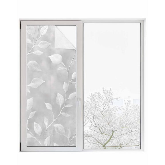 Window Privacy Film Silver Gray Leaves Stained Glass Window Film Decorative Sun Block Window Cover Modern Abstract Botanical Branches Window Clings Static Adhesive Sticker for Bathroom 23.6"x59"