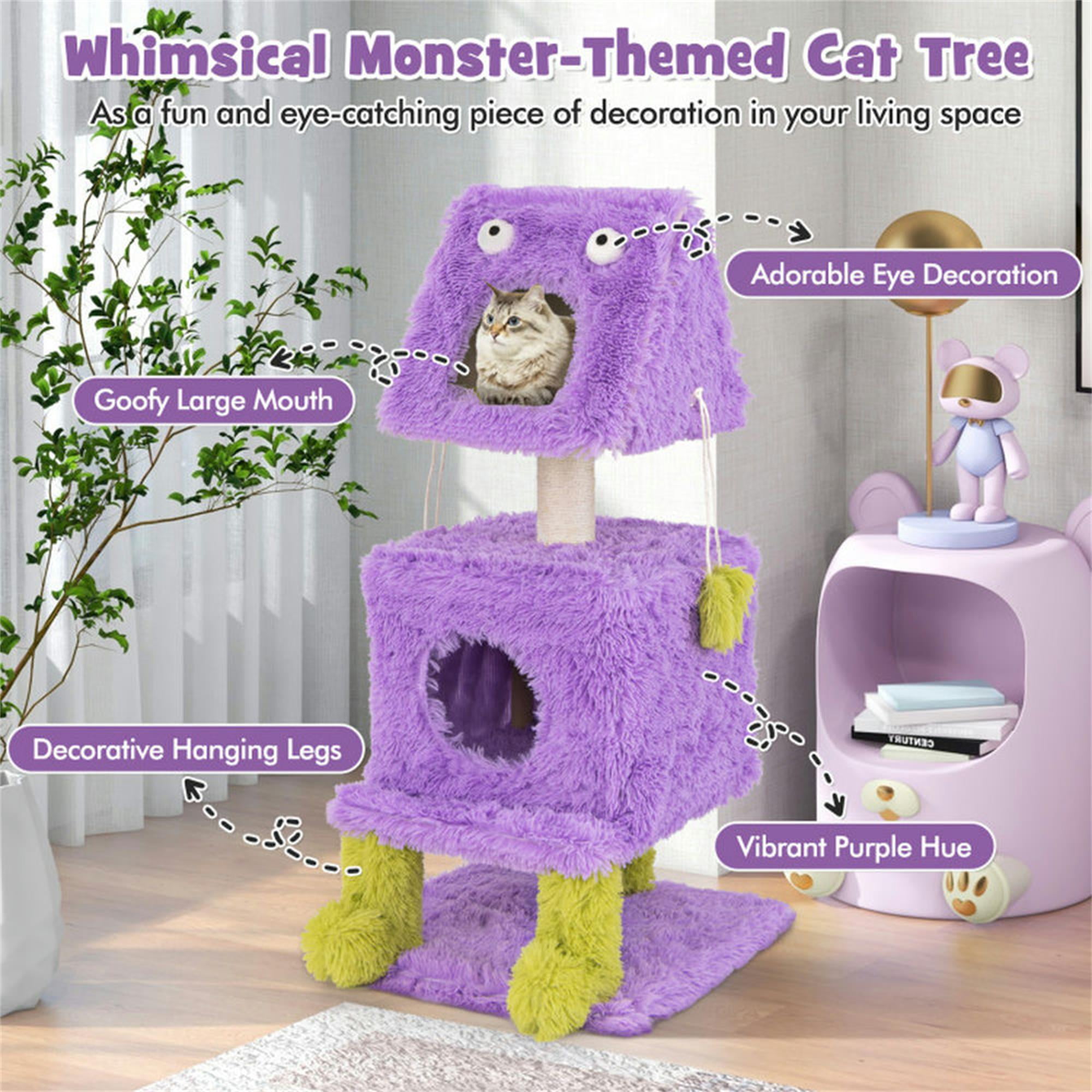 Kadyn 44" Cute Monster-Themed Cat Tree Tower with 2 Private Cat Condos for Small Place, Purple