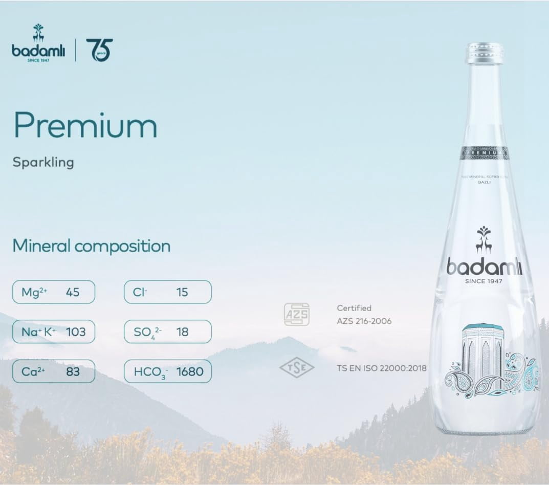 Badamlı Premium Natural Mineral Water pH 7.5 – 25.4 fl oz (750ml), Pack of 12, Glass Bottle, Naturally Sparkling
