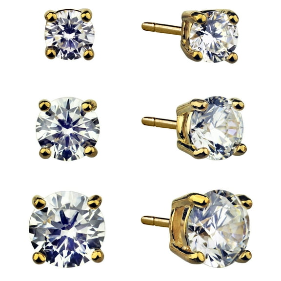 Brilliance Fine Jewelry Women's Simulated Diamond Trio Round Earring Set in 14KT Gold Flash Plated Sterling Silver