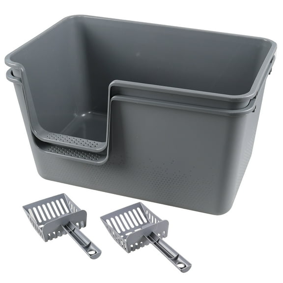 Hespama Plastic High Side Cat Litter Boxes with Scoopers, 2 Pack Large Gray Open Top Litter Trays