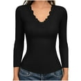 thumbnail image 3 of Vivianyn HD Women's Lace Trim V Neck Ribbed Top, Long Sleeve Casual Blouse,Black,Size S-XXL, 3 of 7