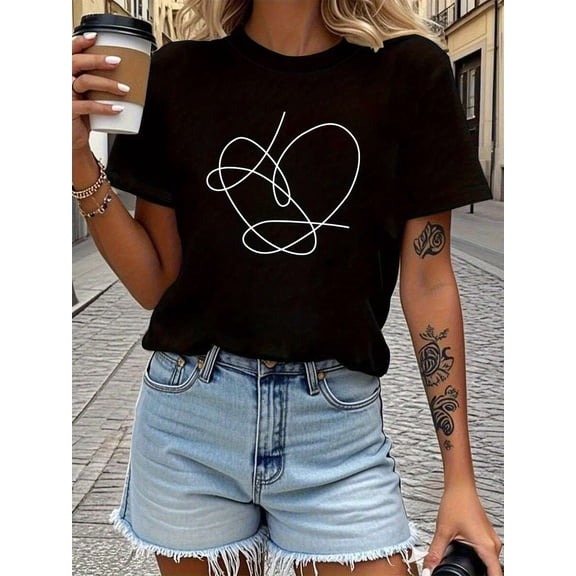 【New Arrival】Minimalist One Line Heart Graphic T-Shirt, Cotton Crew Neck Short Sleeve Tee, Simple Romantic Casual Wear Valentine Daily Lover Gift