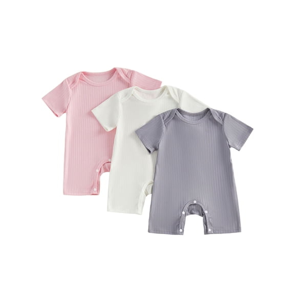 BemeyourBBs 3 Pack Newborn Baby Boy Girl Summer Clothes Rib Knit Romper Infant Solid Color Crew Neck Short Sleeve Jumpsuit One Piece Outfits