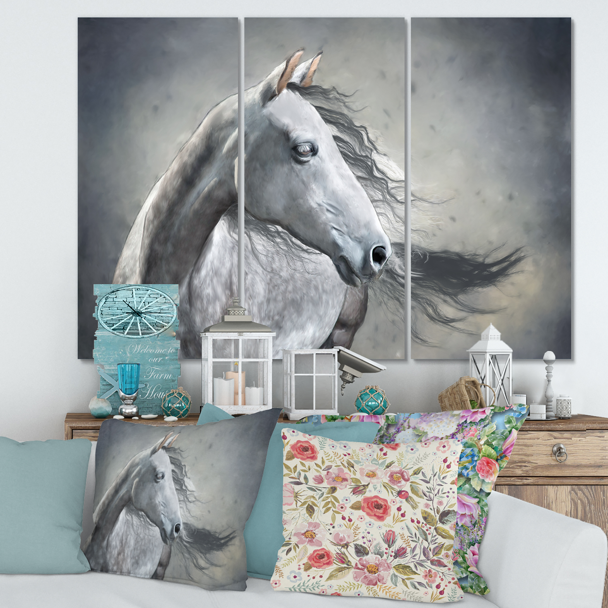 Designart ' Black and White Portrait Of A Wild Horse ' Farmhouse Canvas Wall Art Print