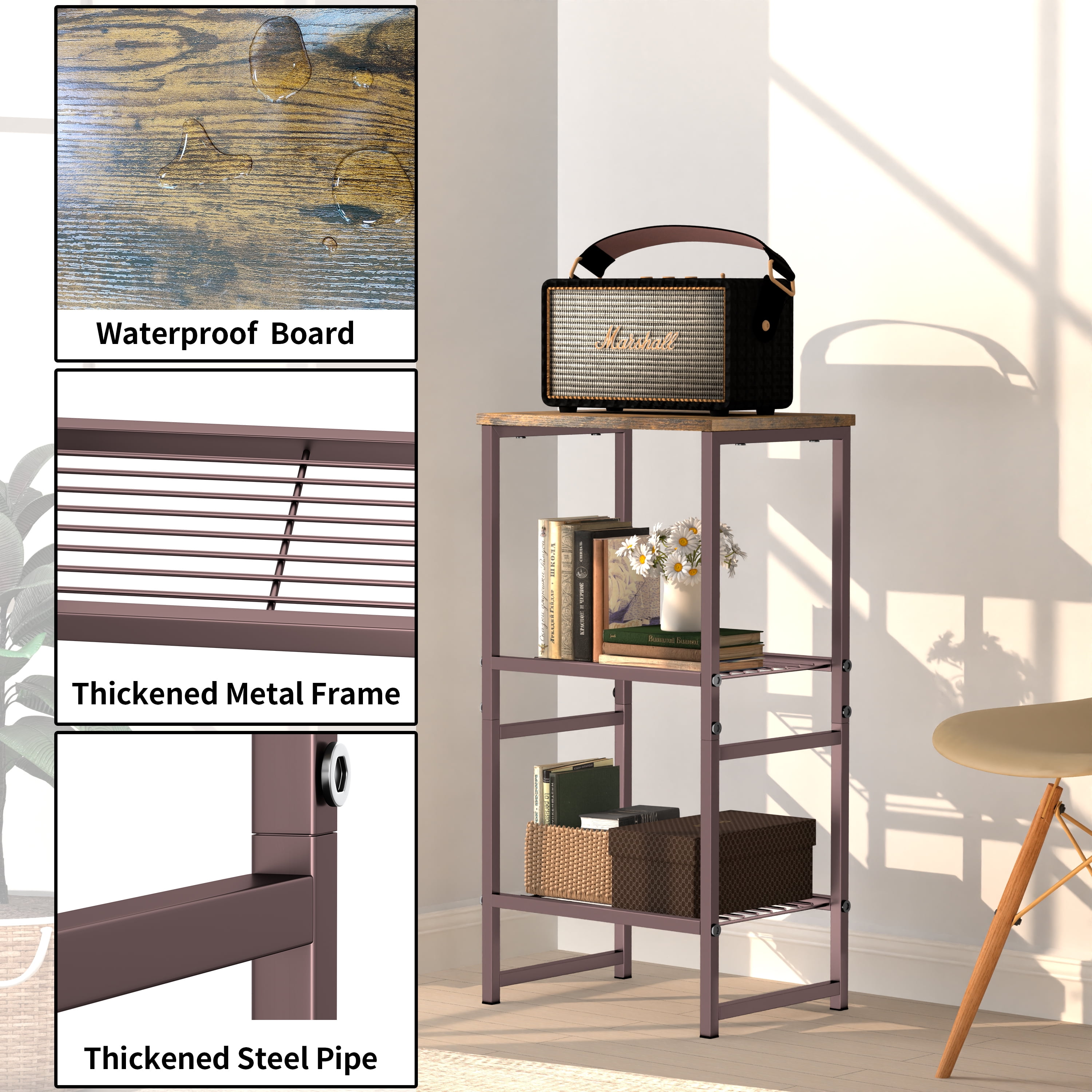 SUFAUY 3-Tier Printer Stand, Metal Shelving Unit for Under Desk with Wood Desktop, Brown