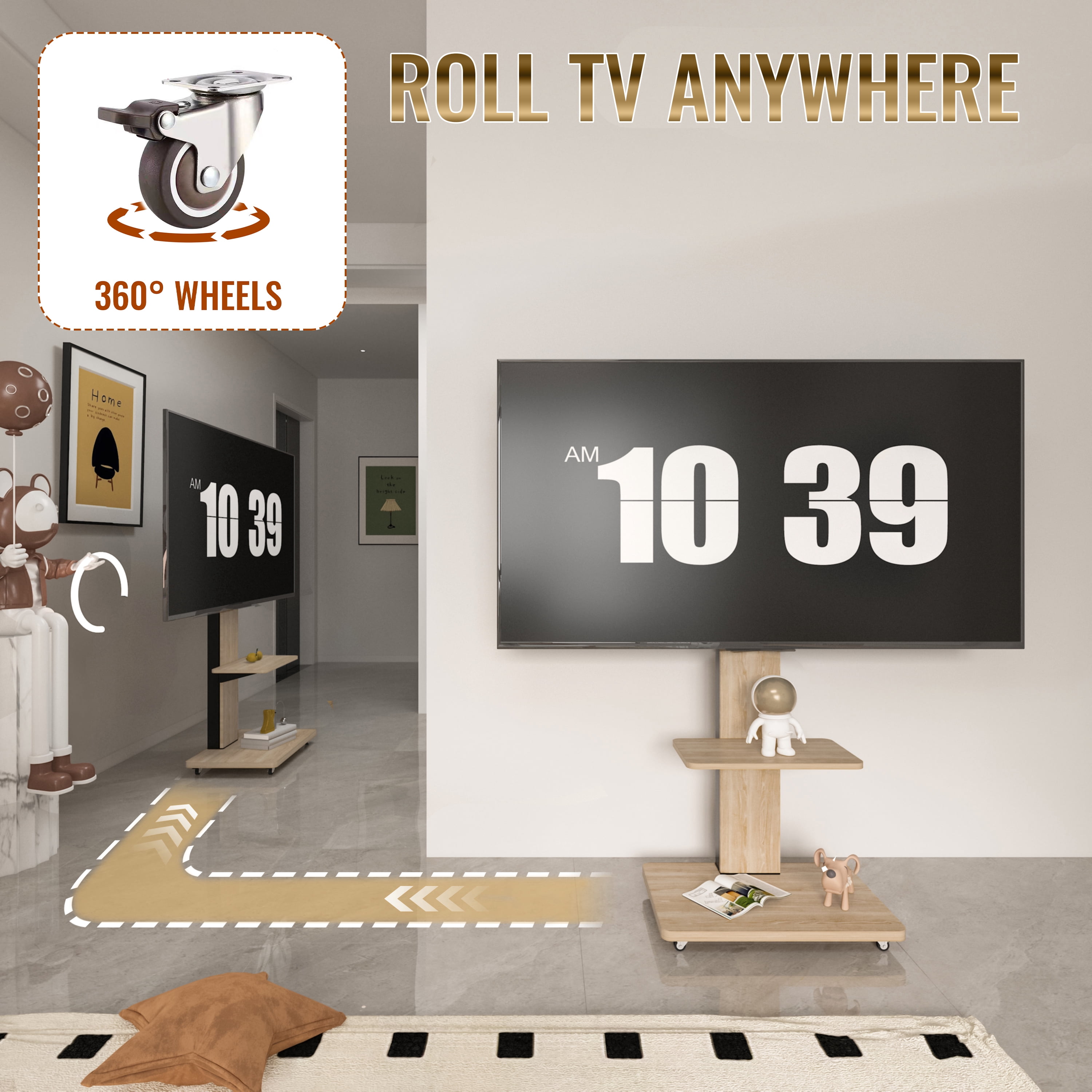 Homy Casa Mobile TV Stand for 32-75 Inch TVs with Wheels Adjustable Height Swivel Mount with Storage Shelf