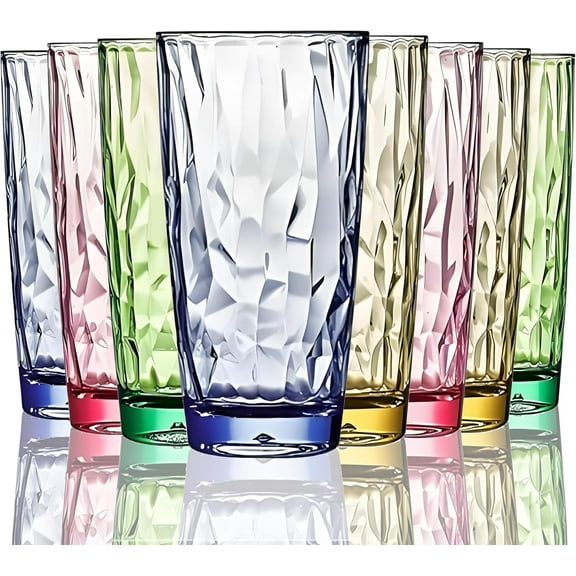 VEILEDGEM 15 Oz 8-Piece Premium Unbreakable Drinking Glasses Plastic Tumblers Dishwasher Safe BPA Free Acrylic Juice Glasses Highball Water Glasses (4 Colors)