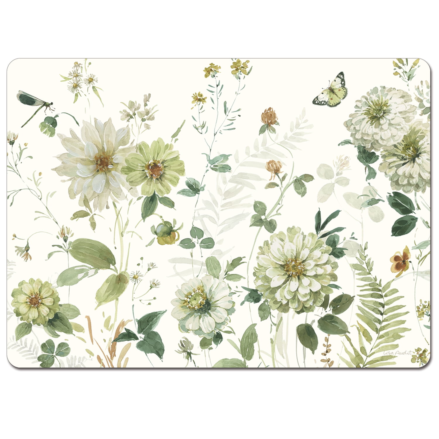 Green Floral Hardboard Cork Back Rectangular Placemats, Set of 4