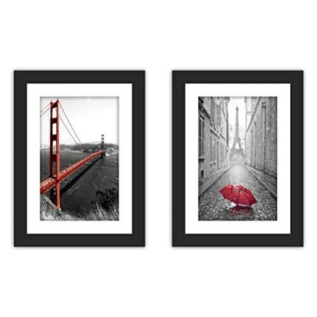 2x Real Glass Wood Frame Black Fit 5x7 2x Mat Fit Family Image
