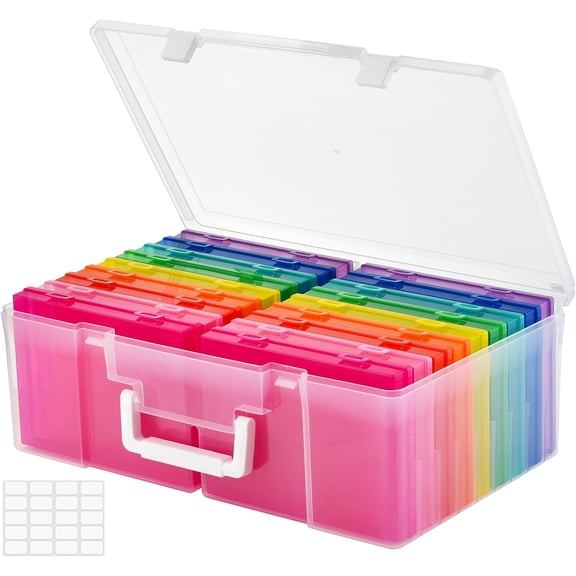 Photo Storage Box 5" x 7" with Handle, 18 pcs Inner Photo Container Organizer and Craft Keeper, Portable Picture Case with Label for Arts, Crafts, Sewing, Stickers, Office Supplies - Colored