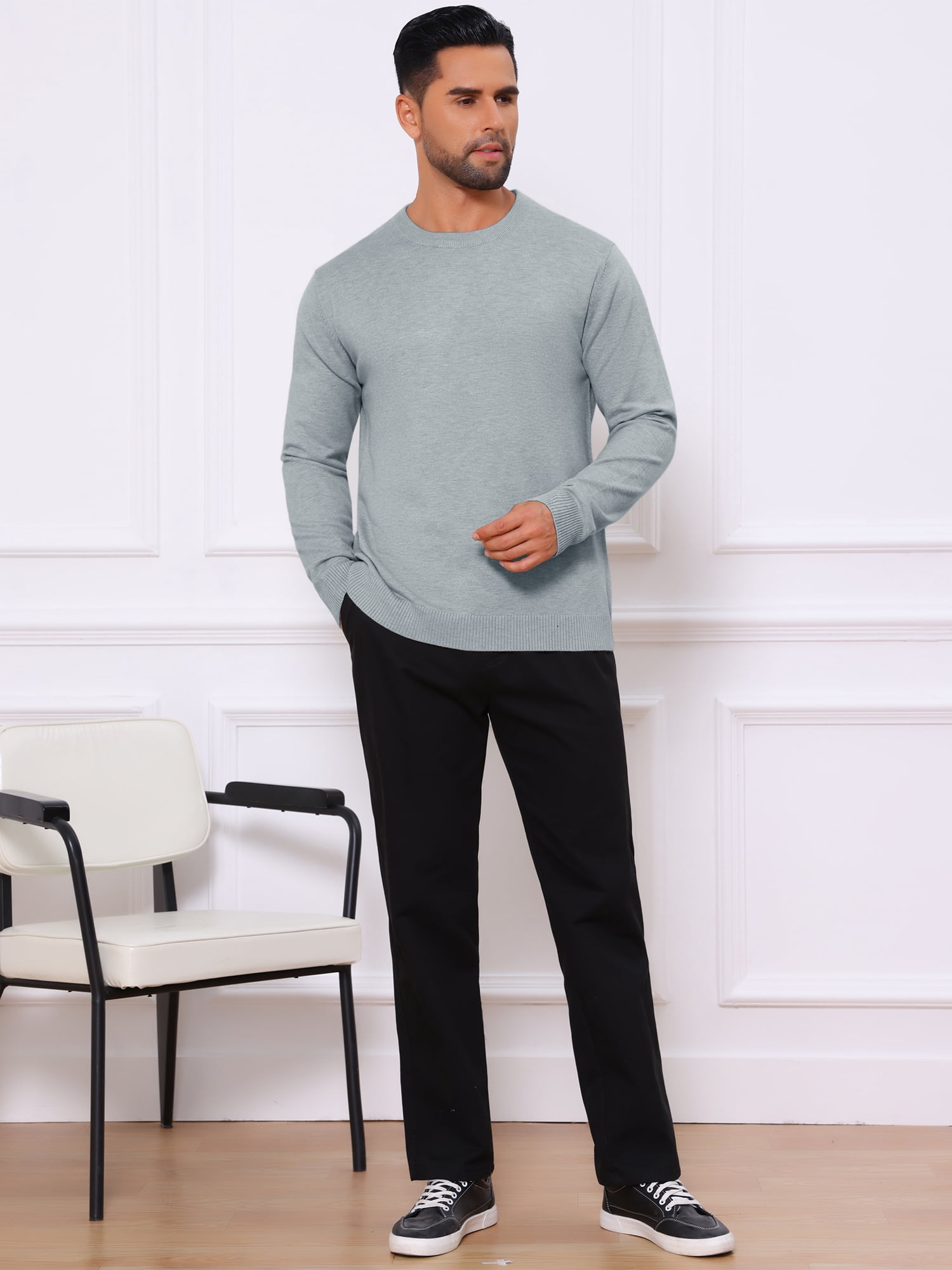 DARING DIVA Men's Solid Crew Neck Long Sleeve Soft Knit Pullover Sweater L Light Gray
