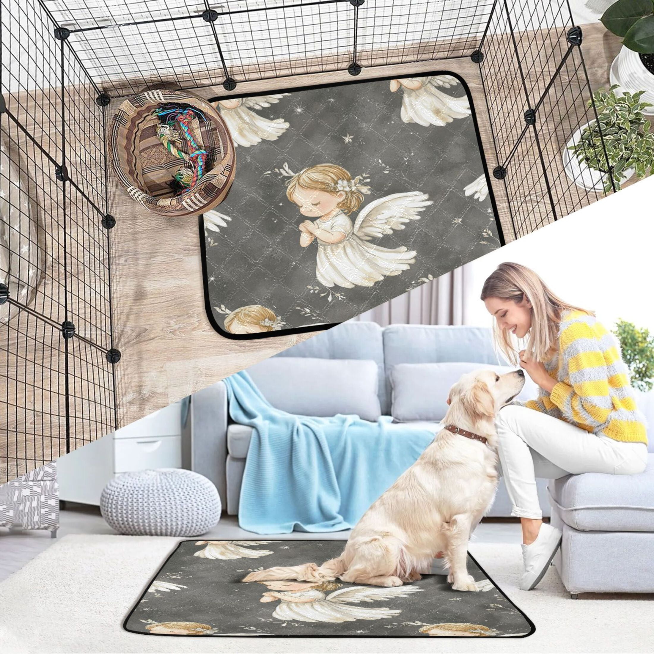 Qxltty Little Angels with White Wings Pattern Cat litter Pads Pet Set of 3 Diaper Mats Center Anti-leakage Layer Absorbent Soft and Comfortable