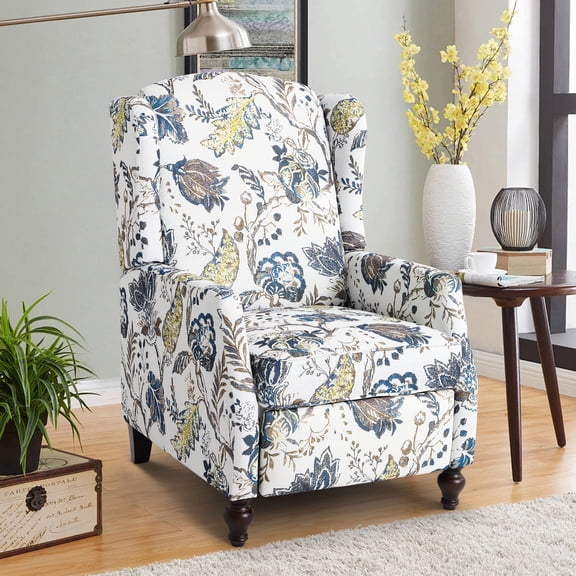 Floral Upholstered Wingback Recliner Chair - Modern Push Back Recliner Chair with Padded Seat, Wingback Reclining Chair for Living Room, Floral Blue