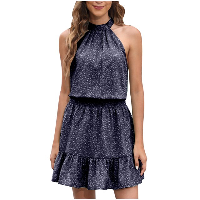 Robe Dos Nu pour Femmes Imprimé Floral Ourlet à Volants Sans Manches Robes d'Été Décontractées Robe Mini de Plage Vacances