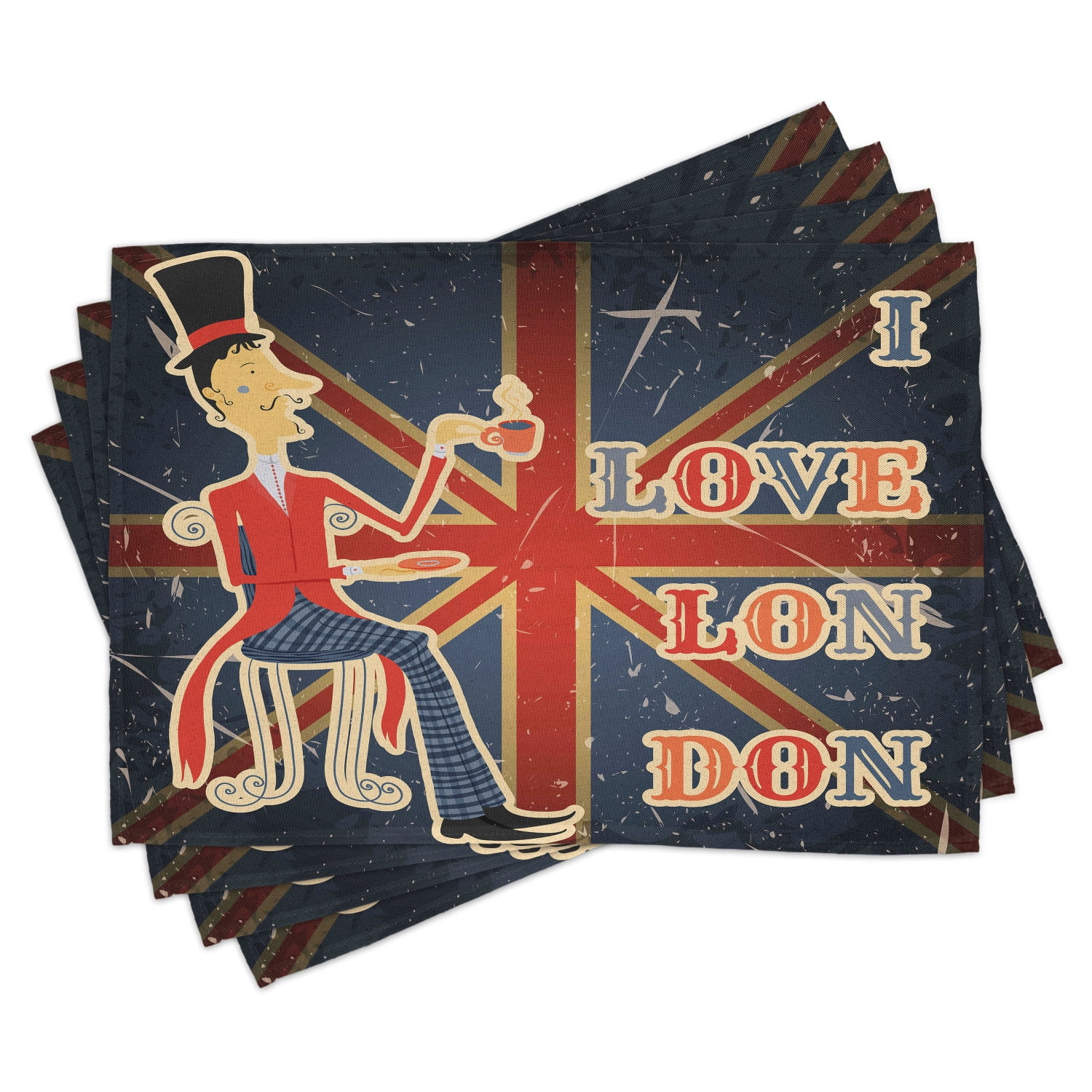British Placemats Set of 4 I Love London Quote with English Man on UK Flag Backdrop National