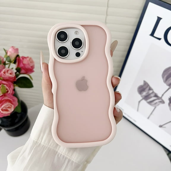 Compatible with iPhone 13 Silicone PC Case, Curly Wave Frame Non-Slip Translucent Matte Easier Grip Shockproof Wireless Charging Phone Case for iPhone 13 for Girls Women, Pink