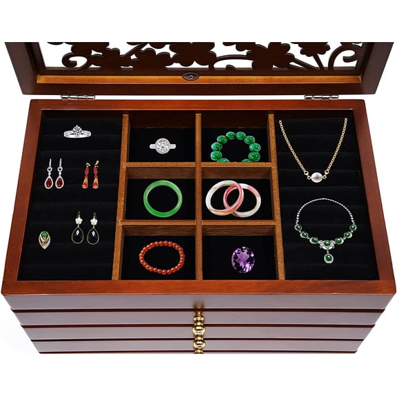 Extra Large Four-Leaf Carved 6 Layers Wooden Jewelry Box Jewelry Case Cabinet Armoire Ring Necklacel Gift Storage Box Organizer (Brown)