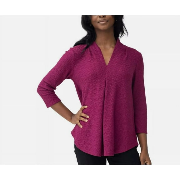 Cable & Gauge Textured Ladies' Size XS (0-2) V-Neck Top 3/4 Sleeve Blouse, Pink
